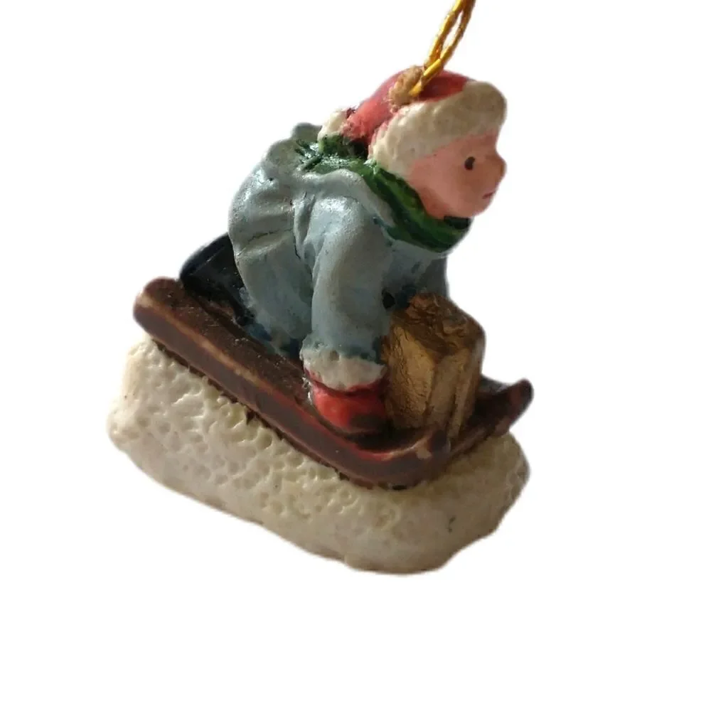 Vintage Victorian Child‎ On Sled Ornament Mini Micro Diorama Christmas Porcelain